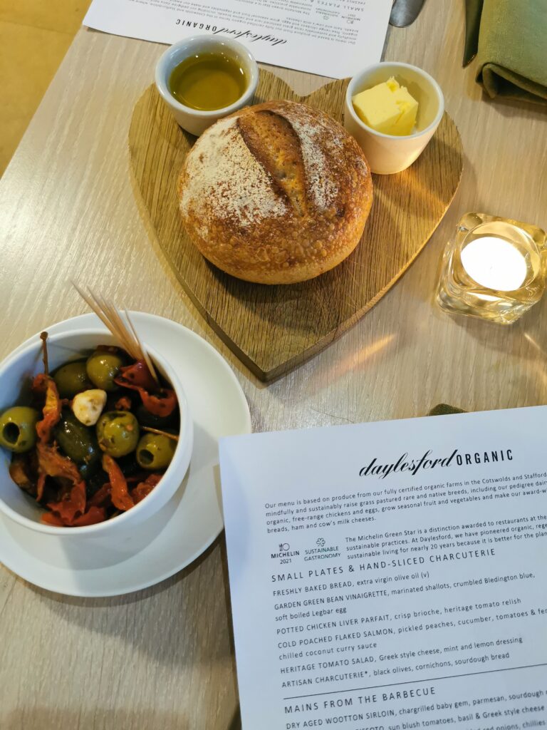 Freshly baked bread and olives from Daylesford Organic